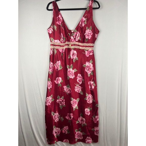 california dynasty Other - Vtg 90s Y2K Floral Lace Maxi Slip Dress Lg Burgundy Satin Lingerie w Camo Accent